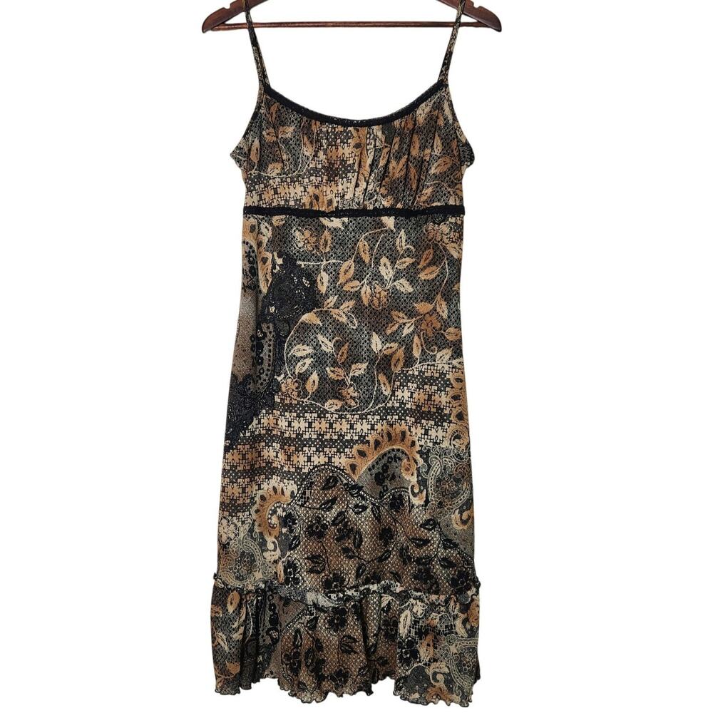 Y2K Mesh Floral Babydoll Midi Dress Sz L‎  Brown Dark Fairy Grunge Boho Country
